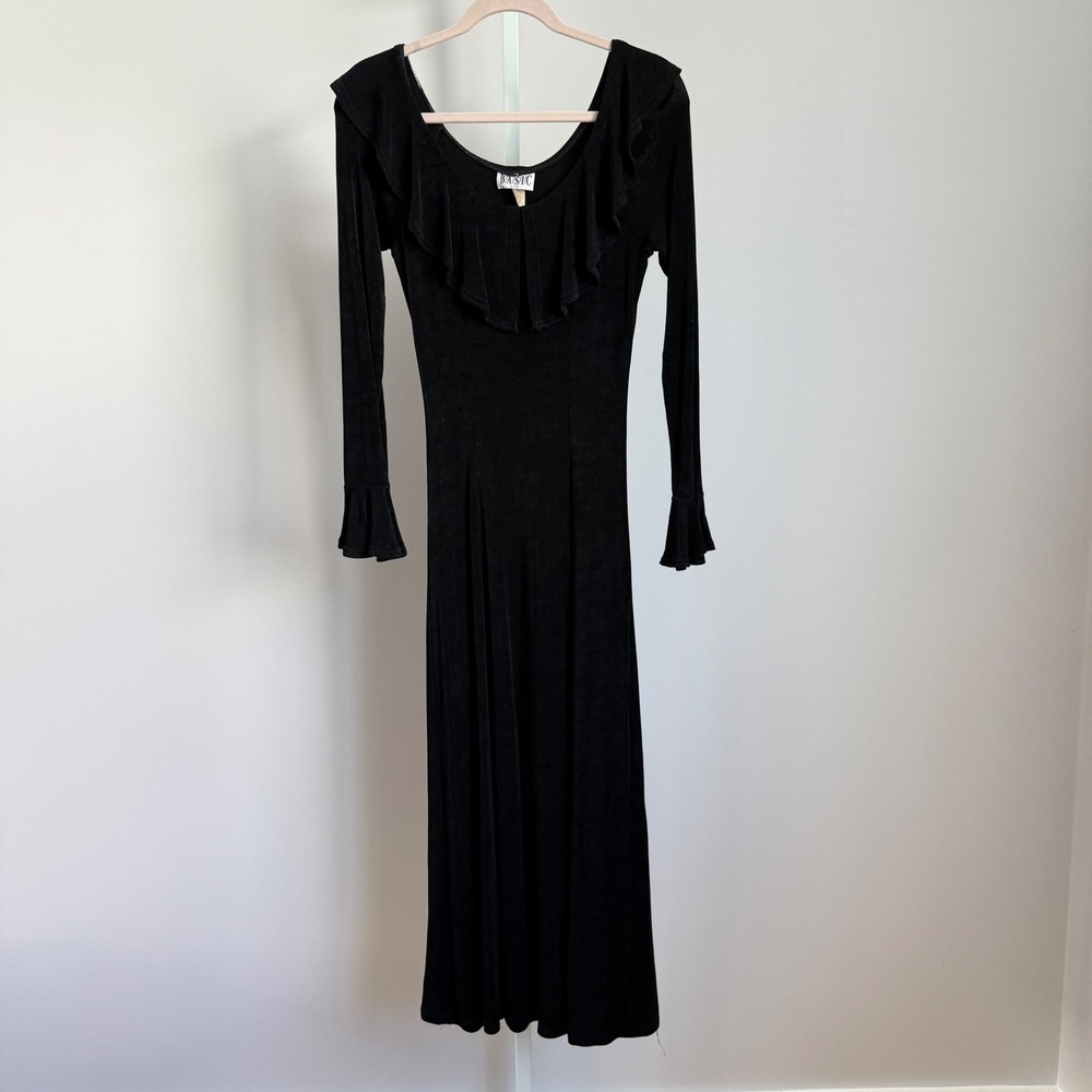 VTG‎ BASIC USA sz M Black Long Sleeve Ruffle Neck Maxi Dress Witchy Whimsygoth